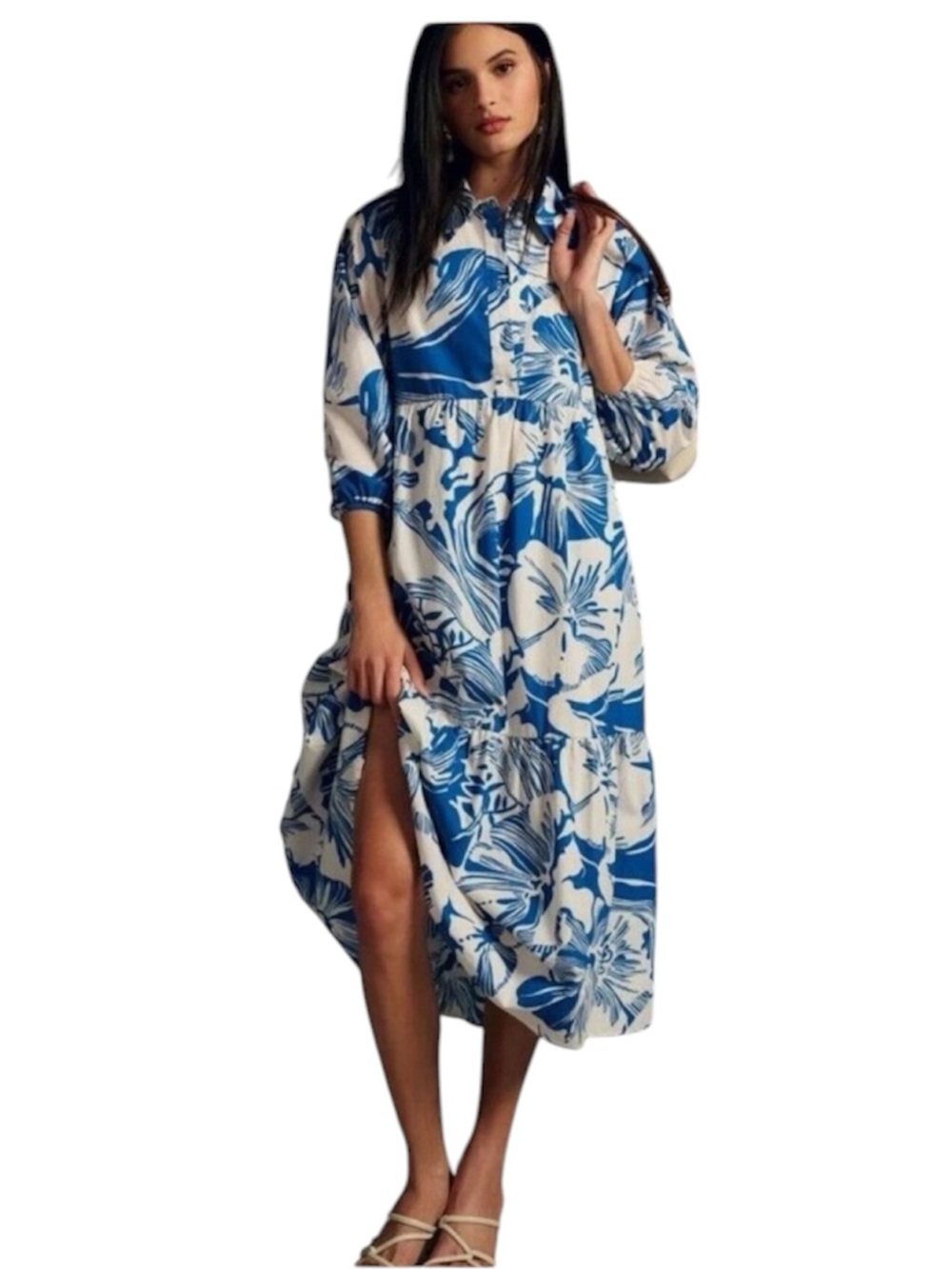 Maeve Anthropologie Bettina cotton tierd white blue floral shirt midi small